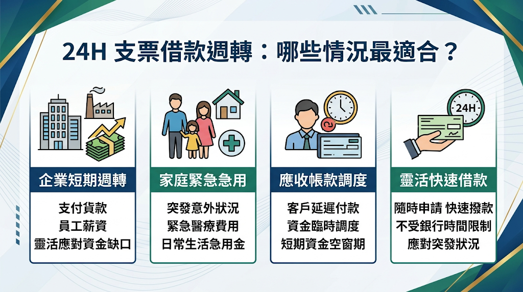 哪些情況適合使用 24H 支票借款週轉? 手上有合法、還沒到期且來源完全透明的支票,卻偏偏在半夜、假日急需用錢,或是正逢發薪日、工程款卡住,出現臨時的短期營運資金缺口?在這種完全等不及銀行層層審核的緊要關頭,24H 支票借款 確實是一個能快速救急的應變管道。