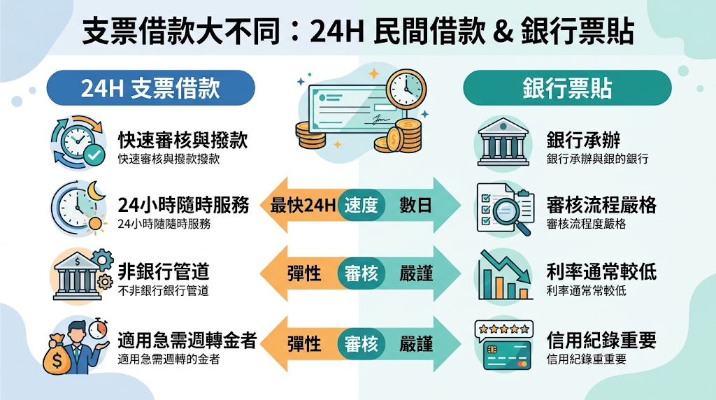 常見名稱整理(支票借款 / 票貼 / 支票貼現) 在台灣的資金融通市場裡 ,大家口中講的「支票借款」、「票貼」還有「支票貼現」,常常會混在一起用。 這幾種方式的概念都一樣,就是把「以後才能領到錢的遠期支票」,提早變成「現在就能動用的現金」。