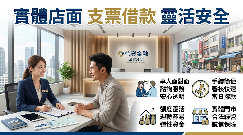 實體店面辦理支票借款有哪些優點? 直接去實體店面辦理支票借款,最讓人安心的地方就是能當場驗票、面對面看清合約,連同所有的費用與撥款流程都能在現場一次確認清楚,還可以當場看清這家店究竟有沒有合法立案。 比起那些看不到人的純線上管道,這樣做能直接避開還沒拿到錢就先收費、要求扣押身份證件或交出提款卡等常見的詐騙陷阱,對個人隱私和資金安全來說都更有保障。