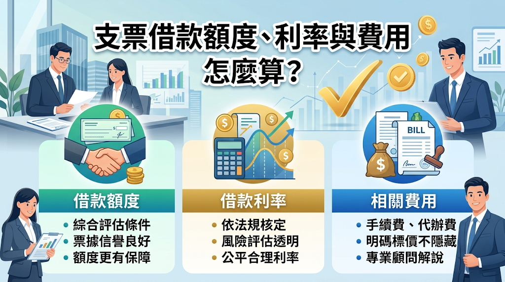 支票借款額度、利率與費用怎麼算? 支票借款額度主要取決於票面金額、票期、開票人信用、票種,以及商業交易證明的完整度;資料越齊全,核定的成數與利息條件就越有利。遇到突發資金缺口時,當舖快速、免聯徵的過渡優勢正好派上用場,憑證越完整,談判籌碼越高。 費用方面,合法當舖一律依《當舖業法》計費:年利率最高30%、倉棧費最高為借款金額的5%,除這兩項外不得巧立名目加收任何隱藏費用。簽約撥款前看清這些細節,借款才有保障。