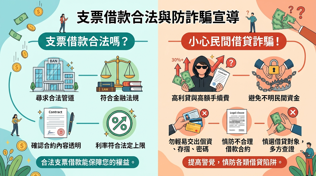 支票借款是否合法?如何避免民間借貸與詐騙?持支票來辦理借款,本來就是合乎票據法與融資架構的正常管道,不過挑選店家的重點,一定要認明政府立案、有實體門市,而且把費用和利率都攤在陽光下的正派業者。