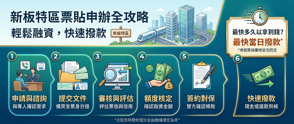 新板特區票貼申辦流程怎麼走?最快多久可以拿到錢? 只要資料準備齊全且開票人票信正常,最快 30 分鐘內能完成現場驗票並撥款,協助中小企業處理當日的資金需求。
