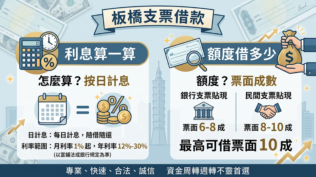 板橋支票借款利息怎麼算?額度能借多少? 遵循《當舖業法》規範,年利率上限為 30%(即月息最高 2.5%)。 計息方式採用「單利計算」,資金成本清楚,具備「本金償還越多、利息負擔越輕」的彈性,能避免落入民間借貸的高利與隱藏保證金陷阱。 可貸額度主要以支票面額為基準,一般案件的借款成數大約落在票面的 7 至 9 成;若是準備了完整的交易憑證、且發票人信用良好的「優質客票」,有機會爭取達票面 9 成 5 的較高額度。
