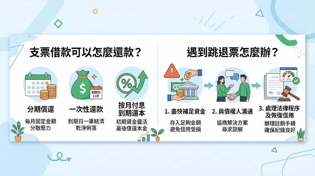 支票借款可以怎麼還款?遇到跳退票怎麼辦? 借款人能依照當下的營運狀況,選擇「按月單純繳息」、「本利分期攤還」或是「隨時一次結清」。 若遇到發票人帳戶存款不足發生「跳票」,發票企業的聯徵紀錄會留下註記,影響後續與銀行往來的信用評估。 依照《票據法》規範,放款機構擁有「票據追索權」,能依法向背書人要求清償代墊的本金與累積利息。