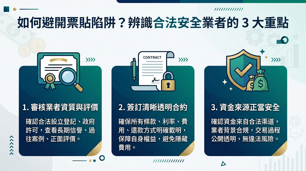 如何避開票貼陷阱?辨識合法安全業者的 3 大重點 面臨資金短缺壓力時,企業主容易忽略潛在的借款風險。 防範民間借貸與詐騙的重點,不是單純尋找低於市場行情的利率,而是仔細確認業者的合法性、收費透明度與合約的安全性。 建議挑選具備合法營業登記、受主管機關與《當舖業法》規範,並擁有實體門市的業者。 遇到業者要求「還沒撥款前先匯款」、用各種名目收取「帳戶開辦費、高額保證金」,或是違規預先扣除利息,多半是風險警訊,建議立刻停止辦理。 請盡量不要把私人證件正本交給業者扣留,並留意自身權益,避免簽署沒有寫明確定金額與到期日的「空白本票」。