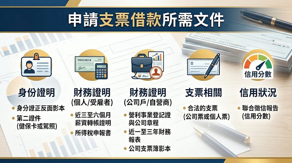 申請支票借款需要準備哪些文件與資料?辦理支票借款前,通常需準備身分證件正本、支票正本與印鑑;若是公司戶、客票或工程票,建議一併提供公司資料、交易憑證或合約文件,有助加快審核並爭取較好成數。 合法業者只會現場核對證件正本並當場歸還,若要求扣押雙證件正本,應立即提高警覺。