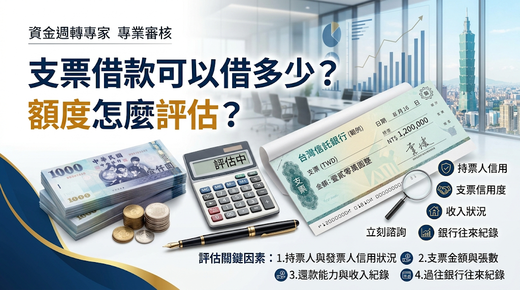 支票借款可以借多少?額度怎麼評估?支票借款額度主要以票面金額為基礎,再依發票人票信、票期長短、票據類型、交易憑證與到期兌現風險綜合評估。 一般合法民間管道約可核貸票面金額 7 至 9 成,若是信用良好的公司票或優質客票,成數還有機會再提高。