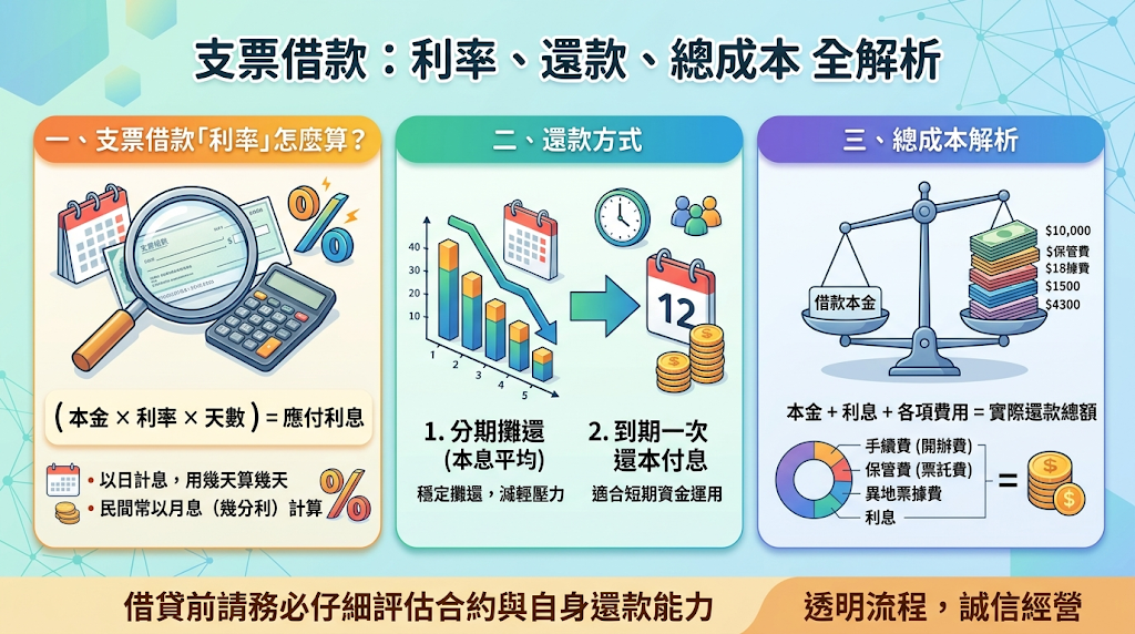 支票借款「利率」怎麼算?還款方式與總成本解析 支票借款利率多以月息單利計算,實際成本會受到票面金額、票期天數、核貸成數、計息方式與其他合法費用影響。 申辦前應確認利息、手續費、倉棧費、是否預扣利息與提前清償規則,才能準確掌握實拿金額與總還款成本。