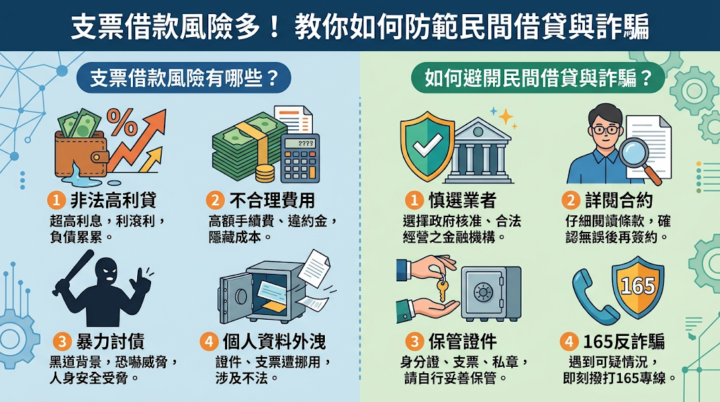 支票借款有哪些風險?如何避開民間借貸與詐騙?辦理支票借款前,應留意票據真假、發票人跳票、費用不透明、合約條款不清,以及非法民間借貸或詐騙風險。 若選擇民間管道應確認業者合法立案、有實體店面,並詳看利率、費用與還款方式;遇到要求簽空白本票、扣留證件正本或先匯款,應立即提高警覺。