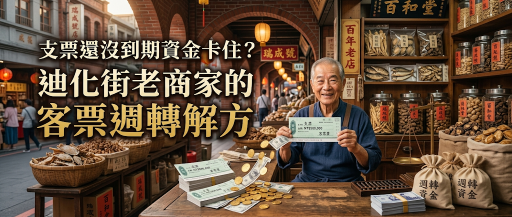 支票還沒到期資金卡住？迪化街老商家的客票週轉解方 為了補足短期調度的資金需求並維持日常進出貨順暢，合法立案當舖提供了相對快速的借款選擇。 實體店面受理支票與客票借款服務，最高可貼現至票面金額的 9 成 5，讓在地商家不用苦等票載日到期，就能安全、合法地取得營運週轉金。