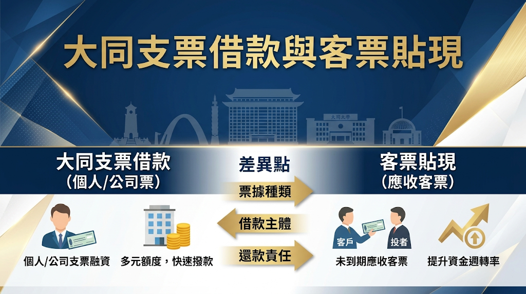 大同支票借款與客票貼現是什麼？兩者有何差別？ 都是把「未到期票據提前換成現金」的短期融資方式，差別主要在於票據來源。 「支票借款」是用各類支票（包含個人票或公司票）當作擔保來借款；「客票貼現」則是把商業交易中收到的「客戶貨款支票」提前換成現金，屬於應收帳款變現。