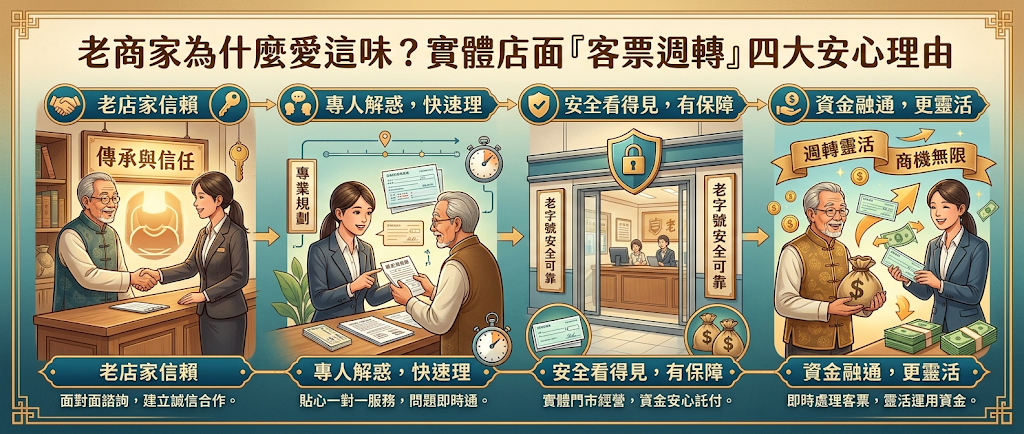 為什麼老商家客票週轉偏好找「實體店面」辦理？ 迪化街與大稻埕商圈的商業文化注重「看得到、信得過」。 若有短期調度的需求，相較於只透過 LINE 私訊、約在超商簽約或純線上的非實體管道，具備政府合法立案、有固定營業場所的實體當舖免查聯徵且撥款快速，同時提供明確的實體營業據點供人查驗，較能降低隱藏費用、資料外洩或票據遺失的風險。