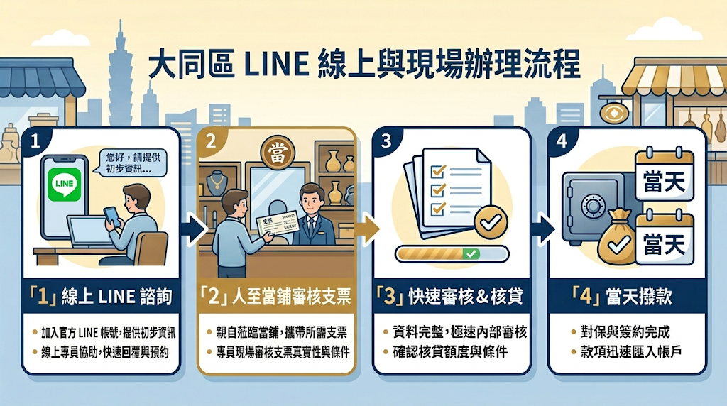 大同區實體店面辦理流程：從現場評估到當天撥款 作業流程主要分為「線上初步諮詢、現場查驗票據、當面簽約撥款」三個步驟，有助於縮短等待的空窗期，只要條件與文件準備齊全，短時間內就能順利取得營運資金。 商家親自到店面進行當面的票據評估與交易憑證核對；雙方確認好借款額度、利率與還款方式後，就會簽署具備法律效力的書面合約，相關借貸方案通常也具有免違約金優勢。