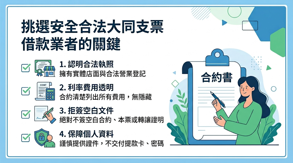 如何挑選安全合法的大同支票借款業者？ 遇到調度需求時建議先評估各種管道的差異，若時間緊迫，可尋求免查聯徵、撥款較快的民間管道。 合法的融資管道具備看得到實體店面與符合法規的特點。 挑選時先尋找有固定營業場所、店內明顯處掛有政府許可證，並遵守《當舖業法》規範的正規業者。