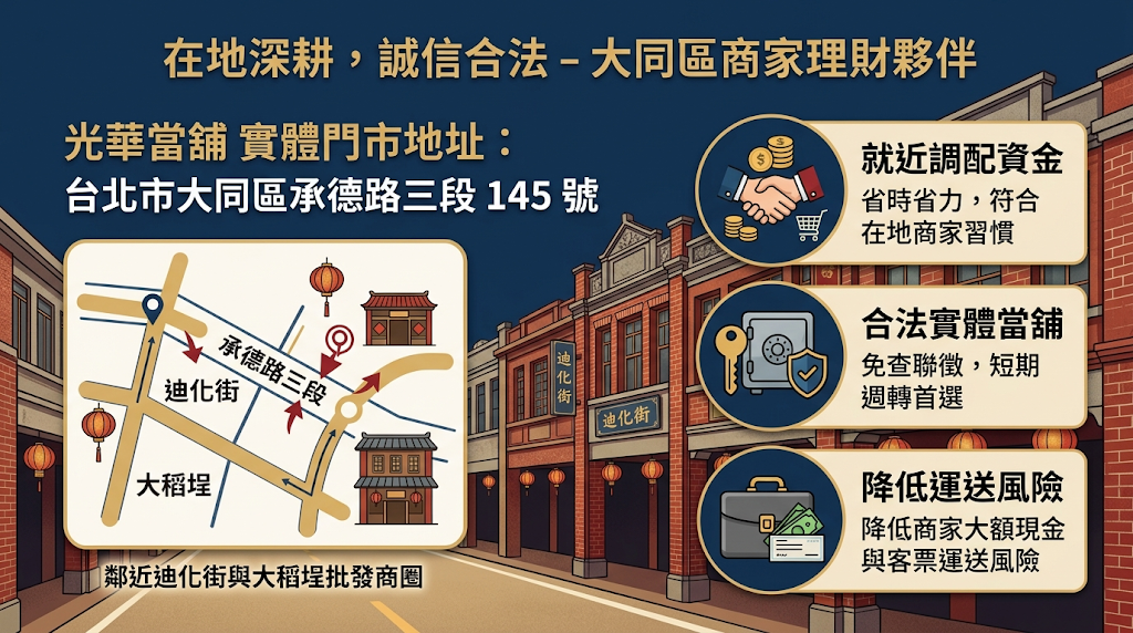 大同區／迪化街實體門市在哪裡？聯絡資訊與路線導航 光華當舖實體門市設在「臺北市大同區斯文里承德路三段145號1樓 」，靠近大稻埕與迪化街等傳統批發商圈。 這樣的地理位置有助於降低商家運送大額現金與客票時的風險。