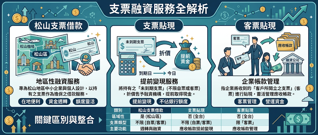 松山支票借款是什麼?和支票貼現、客票貼現有什麼不同? 在松山區打拚的企業老闆們,看著手邊厚厚一疊『未到期的客票』,再看看即將到期的應付帳款,那種資金卡在半空中的焦慮,合法當舖的實務鑑定團隊非常理解。很多老闆以為只能低聲下氣去拜託客戶提前付款,或苦等銀行冗長的審核。其實,活化死水資金不需要看人臉色,透過合法的支票借款,您可以有尊嚴且高效率地度過眼前的難關。