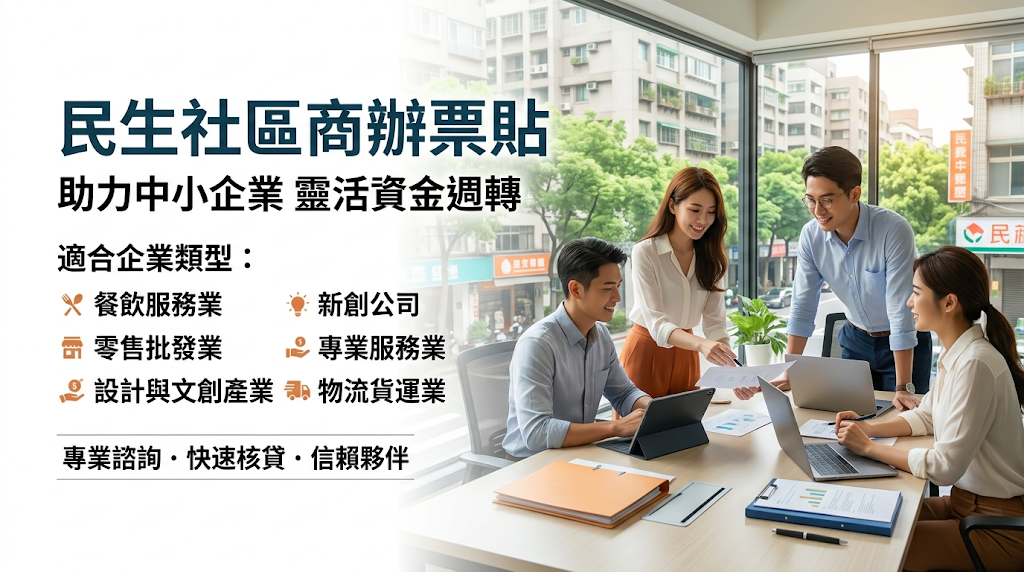 民生社區商辦票貼適合哪些企業與中小企業?極度適合松山商圈與民生社區內,面臨「應收帳款週期長」且具備真實交易背景的中小企業(涵蓋設計顧問、貿易代理、工程裝修與批發物流等產業)。 企業主僅需持有合法未到期的客票,即可透過票貼高效率活化營運資金,精準填補因支付薪資、商辦租金、稅金或進貨尾款所產生的短期現金流缺口。