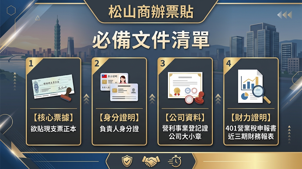 辦理商辦票貼的重點在於建立合法且真實的「信用與交易證據鏈」,申請人需依公司戶或個人戶身分,精準備妥身分核實文件、支票正本以及客票背後的商業交易佐證(如發票與合約)。 準備完整且具邏輯的證明文件,不僅能向放款機構證實人、企業、票據與交易四者的真實性,更是極大化核貸成數、爭取最低資金成本與最快當日撥款的關鍵籌碼。