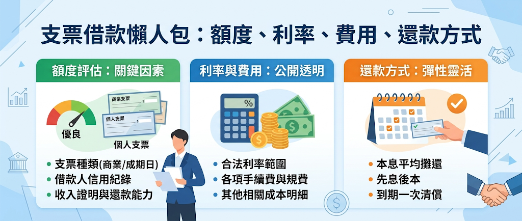 支票借款額度怎麼評估?利率、費用與還款方式怎麼看? 支票借款額度與利率主要依據「發票人信用」與「票據品質」進行客觀的風險定價,最高可達票面金額 9 成以上。 各項費用皆受法律嚴格規範且透明公開,並搭配本金攤還、隨借隨還的彈性機制,協助借款人精準控管整體資金成本。