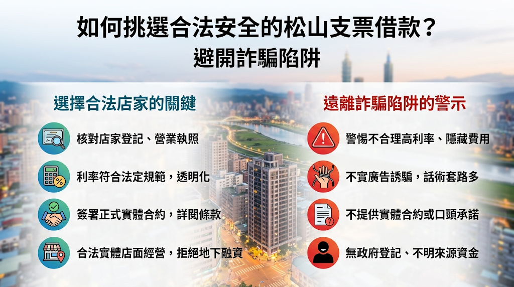 如何挑選合法安全的松山支票借款?避開詐騙陷阱 企業挑選安全合法的支票借款管道,應嚴守「先確認政府立案與實體店面,再檢視費率與合約透明度」的風險控管原則。 務必堅拒任何要求抵押證件正本、存摺或預付保證金的非法手段,以徹底避開高利貸與詐騙陷阱,保障自身財務與信用安全。