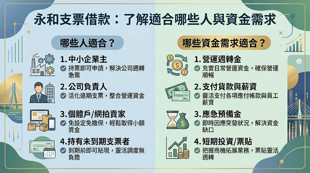 永和支票借款適合哪些人與資金需求? 永和支票借款適合持有合法未到期支票、短期需要現金週轉的自營商、中小企業主或店家,用來補足應收款尚未入帳前的資金空窗。 它屬於短期應急工具,不適合用於長期投資、設備採購或還款能力不足的情況。