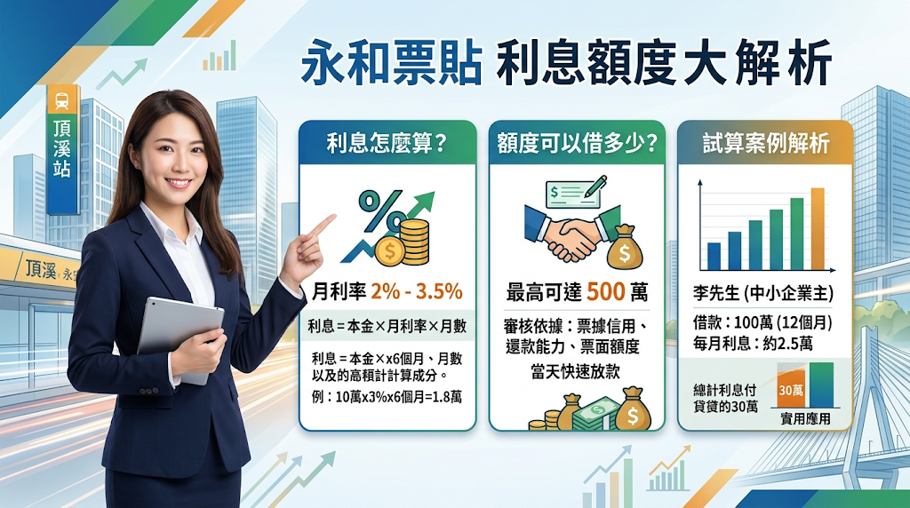 永和票貼利息怎麼算?額度可以借多少?試算案例解析 永和票貼額度主要取決於支票種類、票期長短、發票人信用與交易背景,常見成數約為票面金額的 6 到 9 成,條件佳者有機會更高。 利息多以單利計算,申辦前應確認實拿金額、是否預扣利息、有無額外費用,以及到期總清償金額。