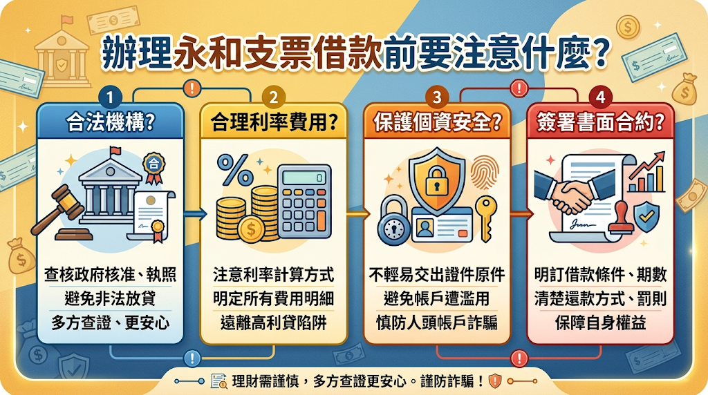 辦理永和支票借款前要注意什麼? 辦理永和支票借款前,應先確認業者是否合法立案、具實體門市,並清楚揭露利率、費用、計息方式、還款條件與合約內容。 簽約前也要確認支票來源正當、票面資訊完整有效,才能降低亂收費、追索風險與個資外洩問題。
