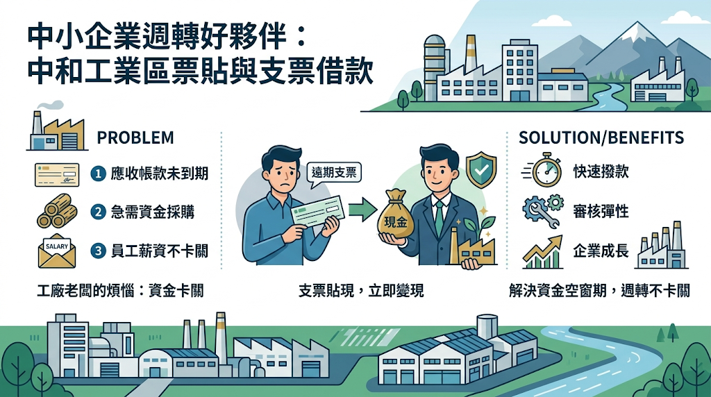 中和支票借款與票貼是什麼?為何工業區中小企業需要?中和支票借款與票貼為受法規保障的短期融資工具,旨在將未到期的遠期商業票據提前轉換為即時可用現金。 此舉能精準弭平交易中「收款」與「支出」的時間差,協助中和工業區中小企業靈活填補現金流缺口,進而優化財務調度並穩定供應鏈。