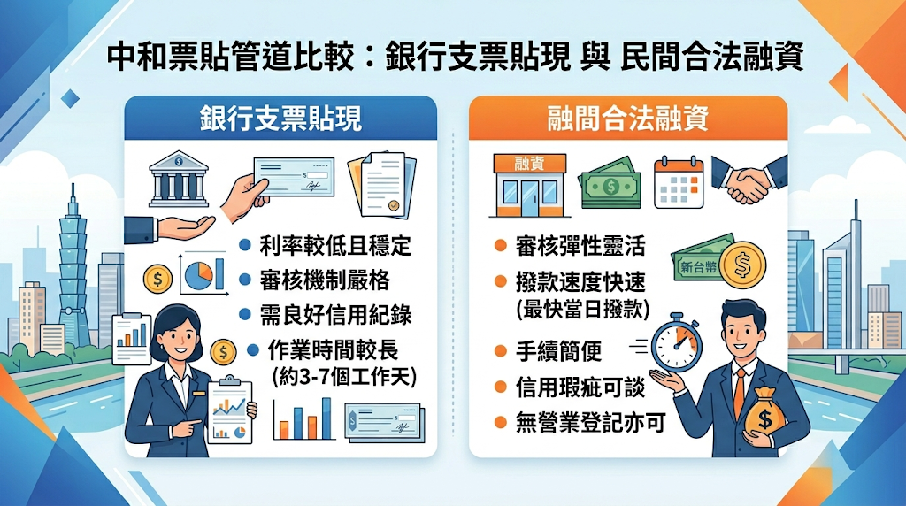 中和票貼管道比較:銀行支票貼現 vs 民間合法融資 銀行管道具備低資金成本優勢但審核冗長嚴格,而合法民間融資則以極速撥款與高彈性見長。 企業應具體評估自身信用條件,並釐清當下對「低利率」或「高時效」的營運急迫性,藉此精準選擇最適切的財務調度方案。