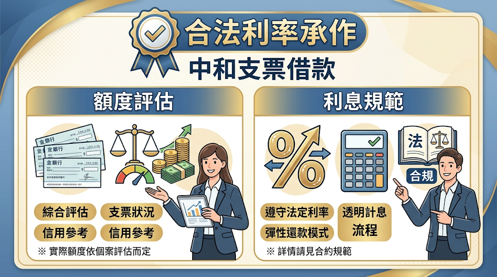 合法利率承作!中和支票借款額度與利息怎麼算?受《當舖業法》嚴格監管的合法融資,額度並非單看票面大小,而是綜合評估發票人信用、票期與交易真實性,最高可核准票面 9.5 成的資金。 嚴守月息 1%–2.5% 的法定單利上限(本金還越多則利息越少),且合約明確拒絕隱藏代辦費,確保借款人精準掌握實際取得的現金與真實付出的總成本。
