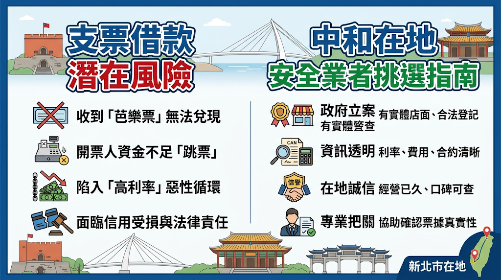 支票借款風險有哪些?如何挑選中和安全業者?支票借款的風險在於跳票後的法律追索責任、非法業者的隱藏費用,以及交出存摺證件的詐騙陷阱;為確保資金調度安全,務必嚴選具備「政府立案、實體店面、費率透明且絕不預收費用」的在地合法機構。