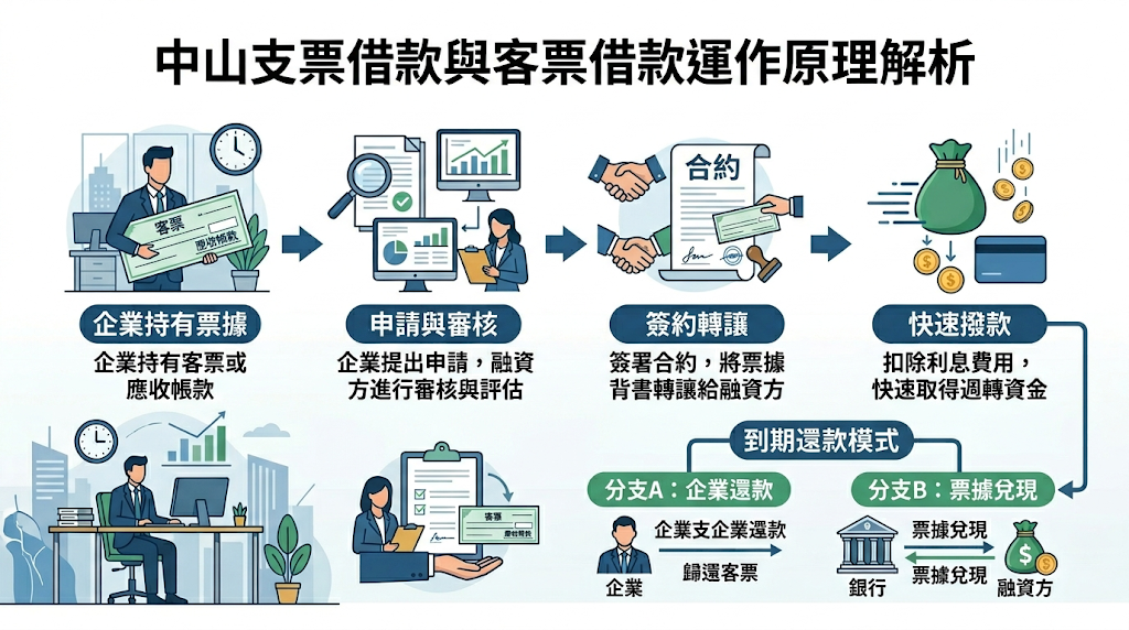 中山支票借款／商辦企業客票借款運作原理是什麼？ 企業將尚未到期的遠期客票作為實質金融擔保品，將票據權利與違約風險合法移轉給政府立案之融資機構，藉此將靜態的未來帳款轉化為即時的營運現金。 放款機構依據法規評估票信風險後，先行撥付票面 6 至 9 成 5 的資金，貼現息則於支票到期兌現時依實際天數結算，而非預先扣除。