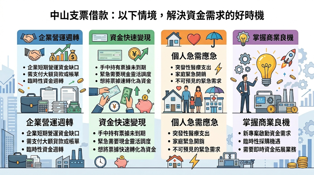 哪些情況適合辦理中山支票借款？ 當企業或個人持有遠期客票，卻面臨發薪、墊付貨款或繳納稅費等短期現金流缺口時，最適合透過支票借款將未到期的應收帳款迅速變現。 此方案具備撥款極速且不佔用銀行聯徵信用額度的特性，為商辦企業靈活應對時間敏感資金壓力、避免黑字倒閉的高效週轉工具。