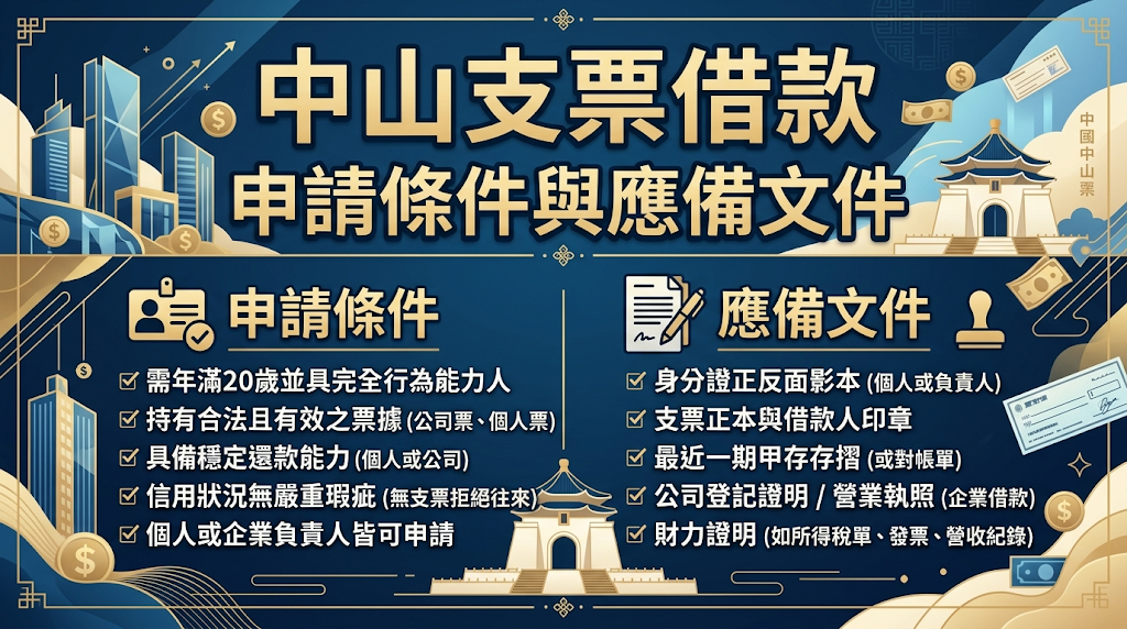 中山支票借款申請條件與應備文件 申請人僅需年滿 18 歲並親自持合法有效支票正本辦理，融資機構免查聯徵、不計個人信用瑕疵，全權聚焦於「票面合法性」與「發票人信用評等」。 若能主動檢附商業合約、統一發票等底層交易文件以證明票據來源正當性，即可大幅提高過件率，並精準爭取最高核貸成數與最優利率