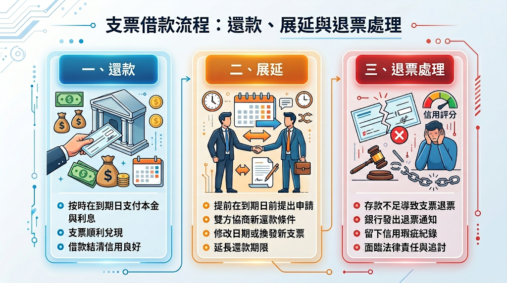 支票借款還款、展延與退票處理 合法融資機構採單利計息且無綁約期，借款人可依企業現金流靈活選擇「按月繳息」、「彈性還本」或「本利攤還」，提前清償更能按日結算以大幅節省利息成本。 若遇資金調度異常導致票據有跳票風險，務必於到期前主動與業者協商「展延期限」或「換票」處理；積極透明的溝通是保全企業商譽、維持信用評等，並避免進入法律追訴程序的最佳防線。