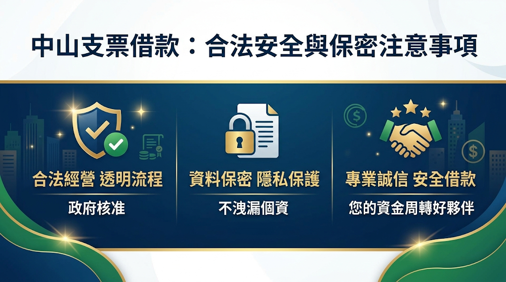 中山支票借款合法安全與保密注意事項 首要安全防線為選擇具備實體店面及政府許可證的合法機構，確保交易完全遵循《當舖業法》，各項費用計算及票據取回條件須於合約中絕對透明，且嚴禁抵押個人身分證件以杜絕非法陷阱。 專業的合法融資管道能在不查詢銀行聯徵、不影響企業信用額度的前提下，以最高標準保護客戶個資與商業機密，提供安全且隱密的短期資金調度服務。