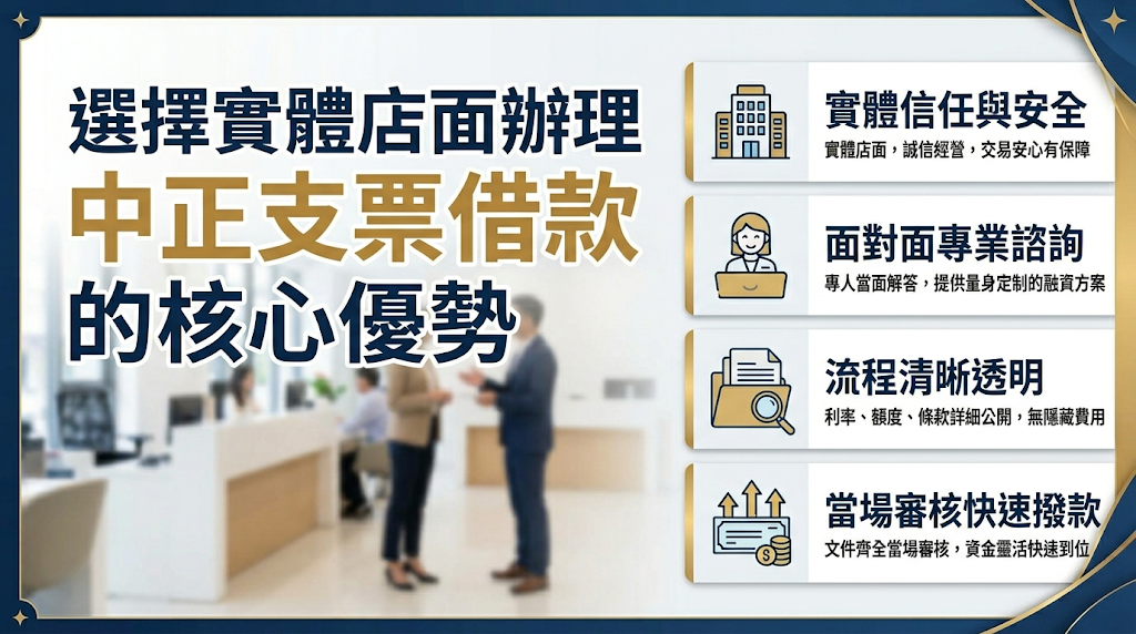 為什麼推薦「實體店面」辦理中正支票借款? 實體店面受到《當舖業法》規範,營業場所內依法會公開展示許可證、負責人資訊、法定年利率上限與計息標準。 客戶能當面審閱合約、確認費用並直接提問,這有助於避開虛擬平台或民間借貸的陷阱與隱藏附加費用。 配合中正區及博愛特區商辦的營運步調,實體店面能提供即時的現場諮詢。 專員會根據票信條件規劃融資方案,減少線上溝通產生的資訊落差,同時具備快速審核與當日撥款的特點,幫助補足短期的資金缺口。