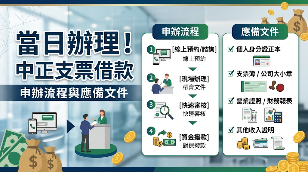 「當日辦理」!中正支票借款申辦流程與應備文件 合法實體店面提供的「當日辦理、當天撥款」融資服務,最快能在 30 分鐘至幾個小時內完成。 要達成快速撥款的關鍵,在於持票人先透過線上管道初估並備妥完整文件,同時確保票況清楚、發票人信用可查驗以及交易背景明確。 如果沒有提早確認或文件不齊全,現場還是會因為需要核對法規程序而拉長作業時間。