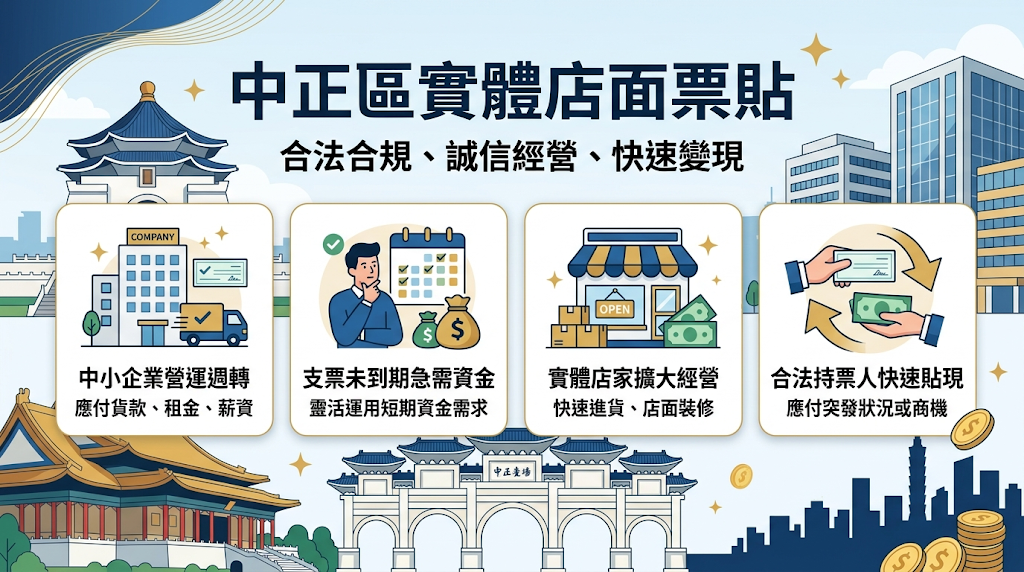 哪些情況適合辦理中正區實體店面票貼? 中正區適合面臨短期現金缺口,且手上確實持有未到期合法支票的企業或個人。 票貼在財務管理上的定位屬於「過渡性橋接資金」,主要用來解決應收帳款與實際支出之間的時間落差,並不適合當作長期滾動負債的理財工具。